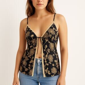 Victoria’s Secret Black Gold Floral Satin Open-Front lace trimTop Slip dress S